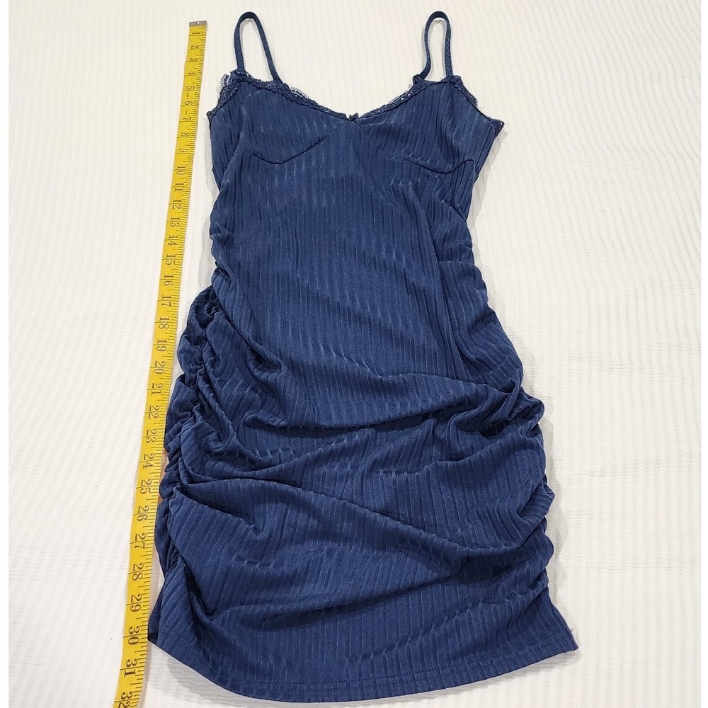 SHEIN Women Navy Blue Ribbed Ruched Bodycon Mini Dress Lace Trim Small